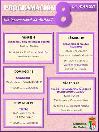 Fechas, información, programa, cartel, imágenes, mapa y ubicación de Día Internacional da Muller  en  Coles