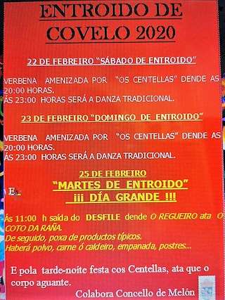 Fechas, información, programa, cartel, imágenes, mapa y ubicación de Entroido de Covelo  en  Melón