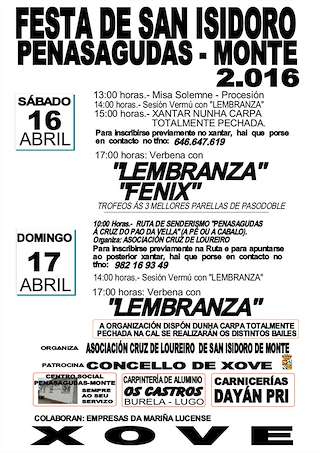 Fechas, información, programa, cartel, imágenes, mapa y ubicación de Festa de San Isidoro de Penasagudas  en  Xove