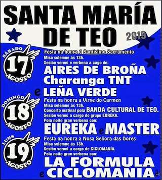 Fechas, información, programa, cartel, imágenes, mapa y ubicación de Festas de Santa María  en  Teo