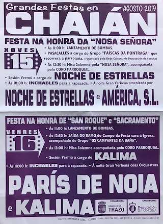 Fechas, información, programa, cartel, imágenes, mapa y ubicación de Fiestas Patronales de Chaián  en  Trazo