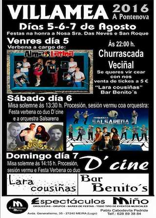 Fechas, información, programa, cartel, imágenes, mapa y ubicación de Nosa Señora das Neves e San Roque de Villameá  en  A Pontenova