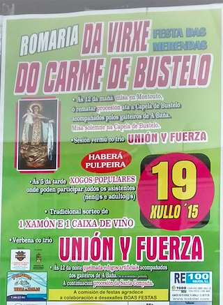 Fechas, información, programa, cartel, imágenes, mapa y ubicación de Romaría da Virxe do Carme de Bustelo  en  Santa Comba