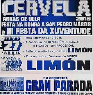 Fechas, información, programa, cartel, imágenes, mapa y ubicación de San Pedro Mártir e V Festa da Xuventude de Cervela  en  Antas de Ulla