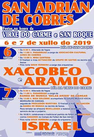 Fechas, información, programa, cartel, imágenes, mapa y ubicación de San Roque e Virxe do Carmen de San Adrián de Cobres (2024)  en  Vilaboa