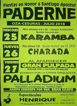 Fechas, información, programa, cartel, imágenes, mapa y ubicación de Santiago Apóstol de Paderne (2024)  en  Oza Cesuras