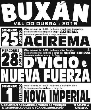 Fechas, información, programa, cartel, imágenes, mapa y ubicación de Santísimo Sacramento, San Campio e Virxe do Carmen de Buxán  en  Val do Dubra