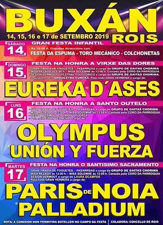 Fechas, información, programa, cartel, imágenes, mapa y ubicación de Virxe das Dores, San Outelo e o Santísimo Sacramento de Buxán  en  Rois