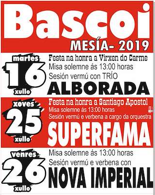 Fechas, información, programa, cartel, imágenes, mapa y ubicación de Virxe do Carme e Santiago Apóstolo de Bascoi (2024)  en  Mesía