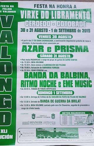 Fechas, información, programa, cartel, imágenes, mapa y ubicación de Virxe do Libramento - XLV Festa da Filloa de Valongo  en  Cerdedo-Cotobade