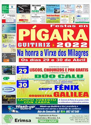 Fechas, información, programa, cartel, imágenes, mapa y ubicación de Virxe dos Milagres de Pígara  en  Guitiriz